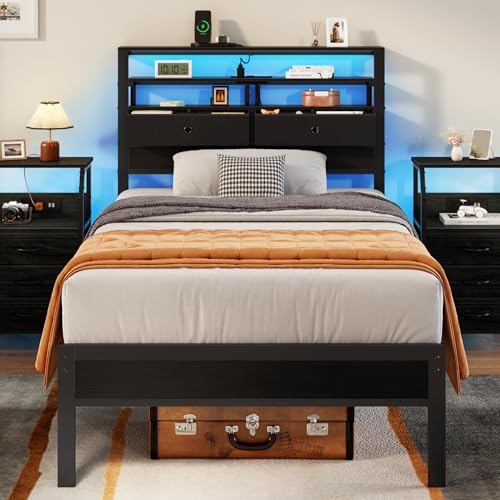 Furnulem Twin Bed Frames with Charging Station and LED Lights, Wood Headboard with 2 Fabric Drawers...