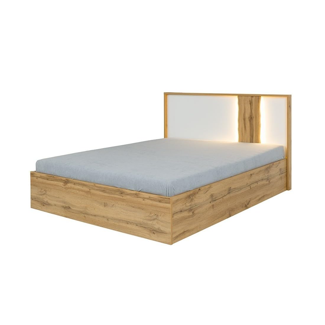 Meublorama Habitación Wood en Colores Roble y Blanco con Cama con LED y Compartimento de Almacenamiento, cómoda, mesitas de Noche y Armario.