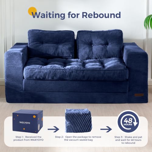 Image of MAXYOYO Convertible Sofa Bed, Pull Out Loveseat Sofa Couch, 2 in 1 Folding Couch Bed, Fold Out Floor Couch with Pillows for Living Room Lounge, Navy