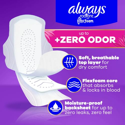 Always Radiant Feminine Pads for Women, Flexfoam Pads with Wings, Size 5, Extra Heavy Overnight Absorbency, Lightly Scented, 54 Count (3 Packs of 18) - image 2