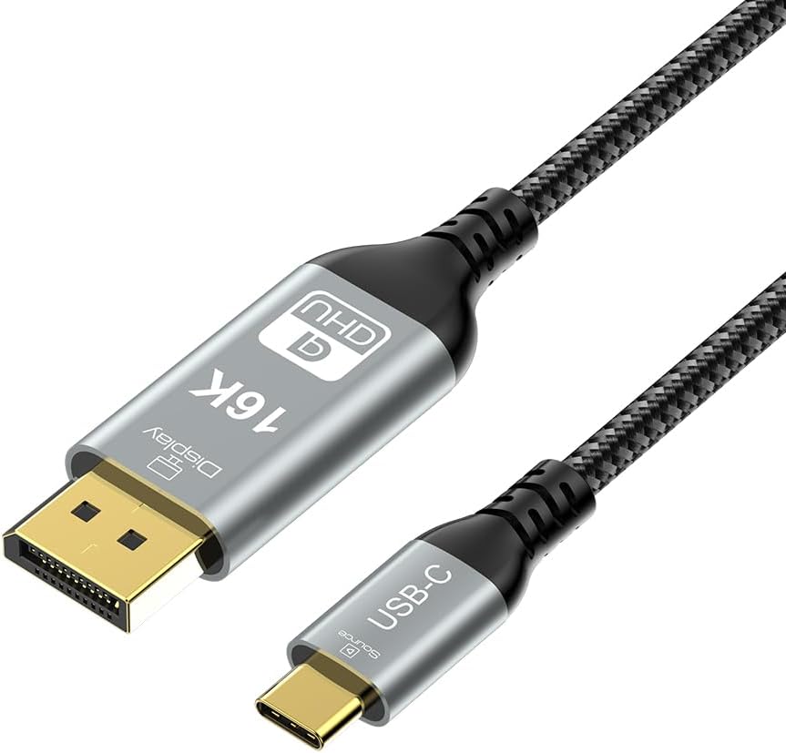 CABLEDECONN USB-C Thunderbolt 4 to DisplayPort 2.1 16K 8K 10K 2m 12Bit Ultra HD Video USB 4.0 Thunder Bolt 5 DP 2.0 Cable 16K(15360x8640)@60Hz 4K@240Hz 8K@120Hz Compatible with MacBook