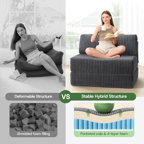 Image of Convertible 4-in-1 Folding Sofa Bed Boneless Sleeper Chair Couch Foldable Chaise Lounger & Mattress Pocket Coils+Foam Medium Support, Portable No Assembly for Living Room /Bedroom, Twin XL
