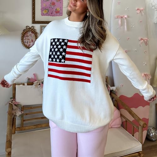 Image of Womens American Flag Sweater Long Sleeve Crew Neck Star Graphic Knit Pullover Tops Casual Loose USA Sweater