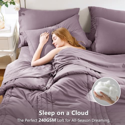 Image of CozyLux Full Size Comforter Sets Dusty Purple - 7 Pieces Bed in a Bag, Modern Vertical Quilted Room Decor, Soft All-Season Bedding Gift with Comforter, Sheets, Pillowcases & Shams