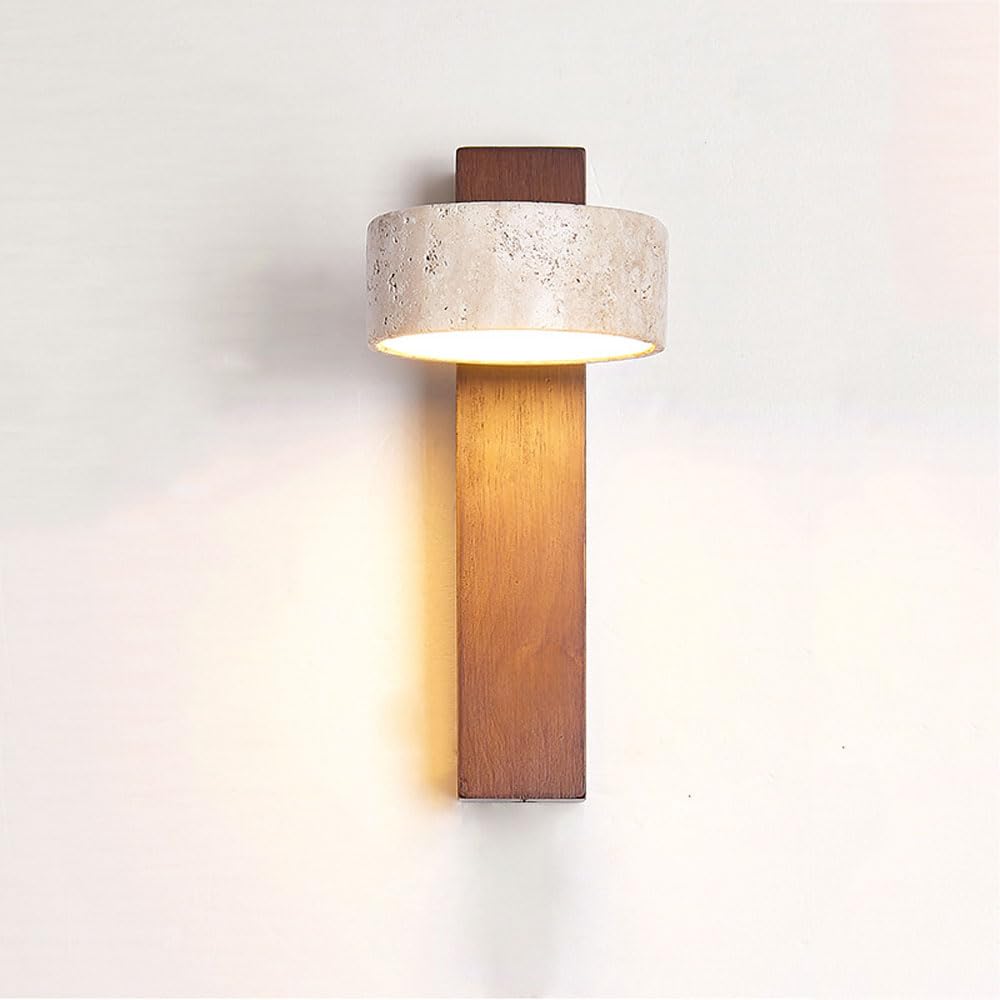 HUAYUSEDF 180° Rotatable Wall Lamp - 9W Natural Yellow Travertine Sconce, Mid Century Modern Rustic Vintage Lighting for Bedroom, Living Room, Kitchen, Reading Light (Log Color)(Walnut Color)