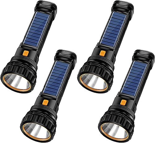 Image of E-SHIDAI 4pcs Solar /Rechargeable Multi Function 1000 Lumens LED Flashlight, with Emergency Strobe Light and 1200 Mah Battery, Emergency Power Supply and USB Charging Cable, Fast Charging (4PC)