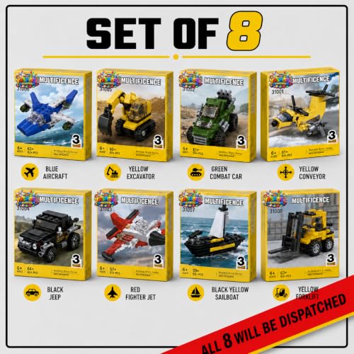Image of Yashoni Automotive Building Blocks Toy Set for Kids | 10+ Construction Models in one Set| Aircraft, Excavator, Jeep, Car Model Building Kit | Educational STEM Toy | Ages 6+ (Set of 8)