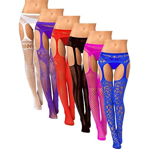 Skylety 6 Pairs Women Fishnet Thigh-High Stockings Tights Suspender Pantyhose Stockings for Women(Medium-large,Black, White, Rose Red, Purple, Red, Dark Blue) Cover