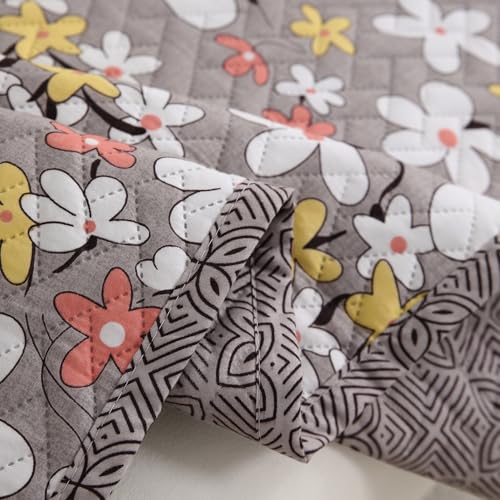 Image of HOKIPO 'HomeHues Series' Printed Quilted Sofa Seat Mat for 3 Seater Sofa with 2 Armrest Covers with Pockets, Pastel Brown Sandwort Flower (IN-809-D1 + IN-814-D1*2)