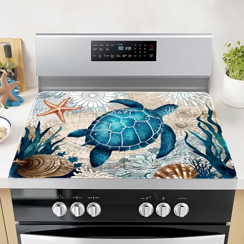 Image of Sea Turtle Stove Top Cover, 20x28 In Fall Turtles Stove Covers For Electric Stove Home Decor Ocean Seashells Glass Stovetop Mat Heat Resist Gas Range Mat Rustic Kitchen Cooktop Protector Pad