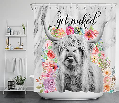 Eobtain Get Naked Marble Shower Curtain Highland Cow With Colorful Flowers Funny Bull Cow Farm Animals Bathroom Curtain 72X72Inch Waterproof Fabric With 12 Hooks #TOP1