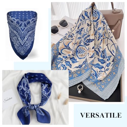 Image of SANNIDHI 2pcs Neck Head Scarf for Women Stylish Silk Hair Scarf Scarves with Vintage Prints for Sleeping, Hair Protection, and Multipurpose Styling (27.6x27.6n)