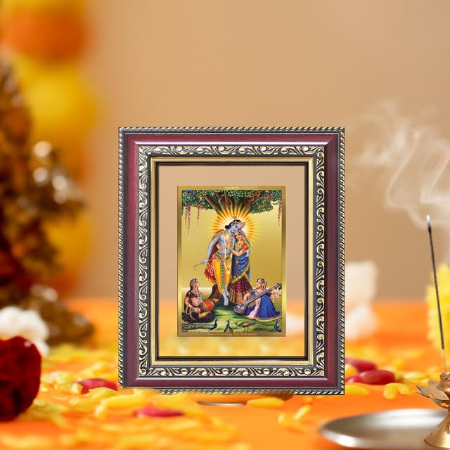 Image of DIVINITI Radha Krishna with Flute 24K Gold Plated Foil Wall and Tabletop Photo Frame for Home Decor, Puja Room, Living Room, Office, Luxury Gifting | DG Frame 105 S1 (16x13.5 CM)
