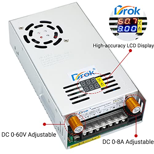Image of DROK 60V Power Supply, AC 110V 220V to DC 0-60V 0-8A 480W Buck Converter, Amp Adjustable Adapter Regulated 12V 24V 36V 48V 60Volt Switching Voltage LED Transformer Charger for Computer CCTV Lab