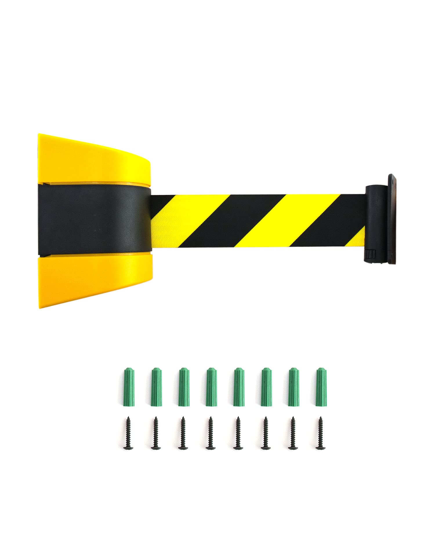 QWORK Barrière de ceinture rétractable à fixation murale fixe, boîtier en ABS, 4,9 m, ceinture de sécurité noire et jaune avec vis