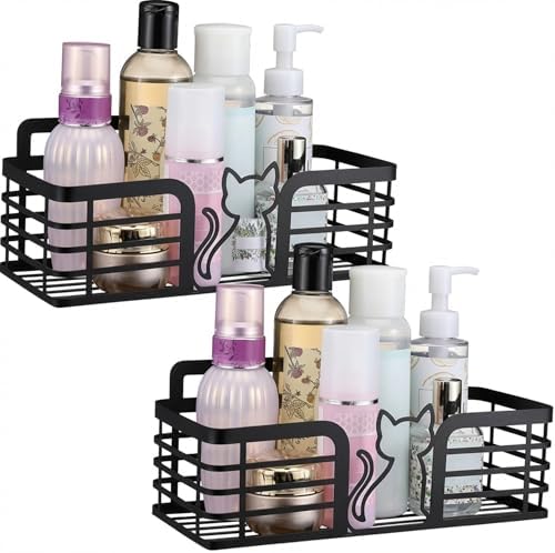 2 Pack Shower Caddy with Cat Black Metal Adhesive Shower Shelves ...