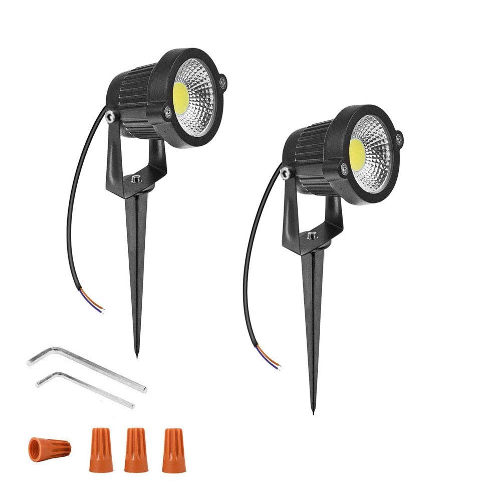Youngine 12V Low Voltage LED Landscape Lights Waterproof Outdoor Walls Trees Flags Spotlights 5W COB Garden Yard Path Lawn Light with Spike Stand, Pack of 2 (Cool White)