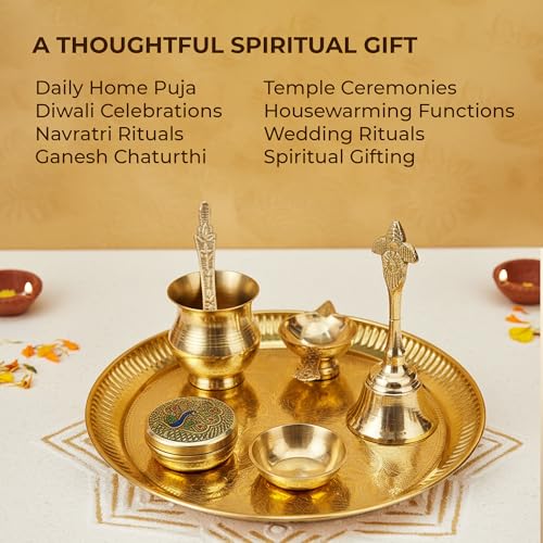 Image of Traditional Brass Puja Thali Set for Mandir & Festivals | Brass Aarti Thali Plate for Bhog, Diya & Pooja Rituals | Ideal for Diwali Navratri Karwa Chauth Home Temple Decor (Set of 7)