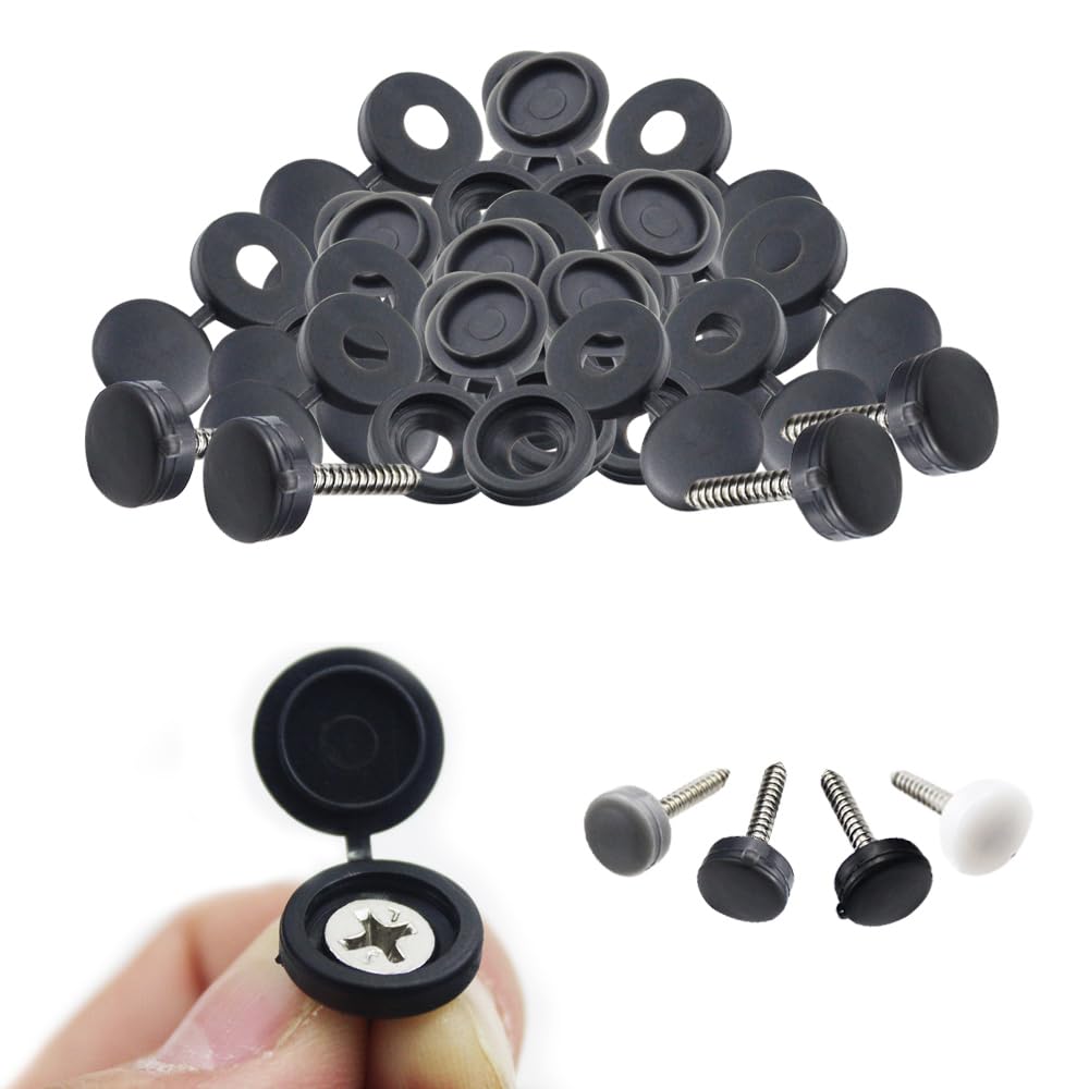 Hinged Screw Cover Caps, Folding Shutter Screw with Caps Snap Washer Covers Flip Tops for Covering Heads, 100 Pieces Plastic Flip Tops for Screw
