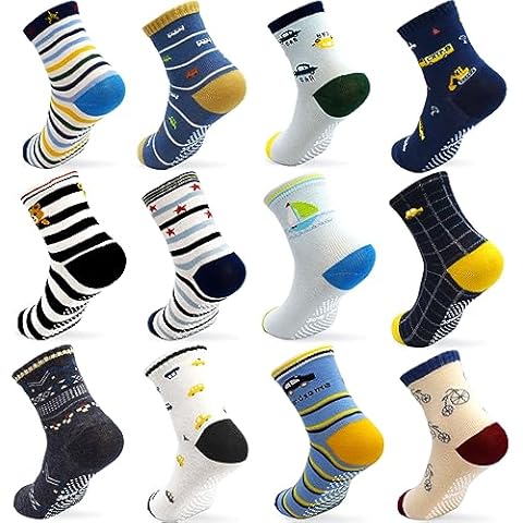 GRPSKCOS Toddler Non Slip Socks- 12 Pairs Anti Skid Kids Socks Cute Crew Grips Socks for Boys Girls Children(#1 Car Style, 5-7 Years) Cover