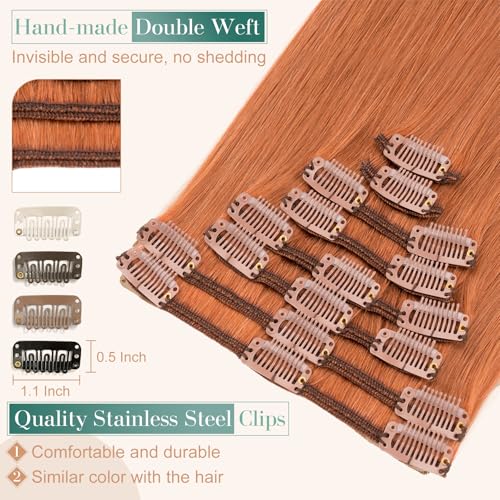 Image of Benehair 14inch 8pcs Clip in Hair Extensions Real Human Hair Clip on Hair Extensions Double Weft Remy Human Hair Extensions Soft Silky Straight Natural Hair Extensions Dark Auburn