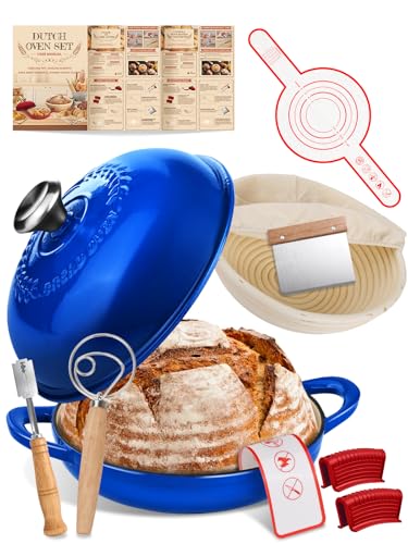 Dutch Oven Bread Baking Pot with Lid 6QT Enameled Cast Iron Oven, Gradient Blue Design & Complete Sourdough Kit (Banneton Basket, Dough Tools, Silicone Sling) for Artisan Bread Making