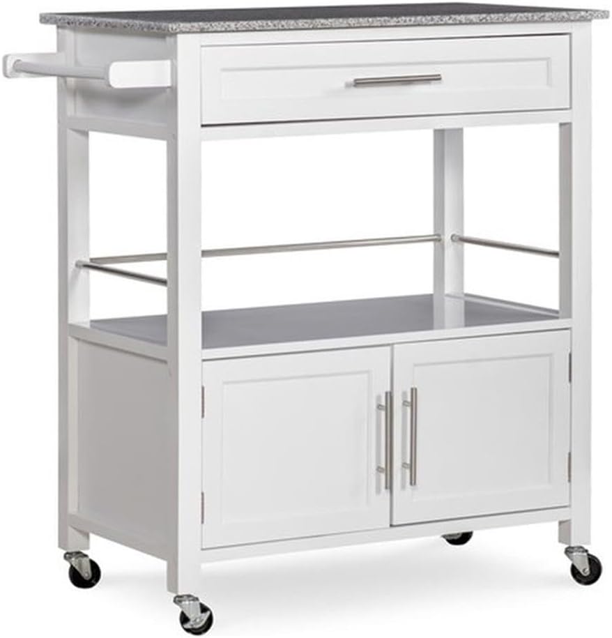 Riverbay Furniture Pine Wood Granite Top Rolling Microwave Kitchen Island Cart with Ample Storage in White