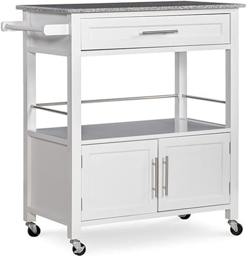 Riverbay Furniture Carrito de isla de cocina con tapa de granito de madera de pino con amplio almacenamiento en blanco
