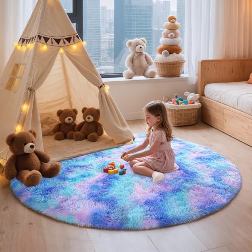 Rainbow Round Rug for Bedroom, 5Ft Fluffy Circle Area Rugs for Living Room, Shag Fuzzy Carpet for Kids Room, Nursery, Dorm, Classroom, Teen, Cute Baby Play Mat Home Decor Aesthetic, Blue