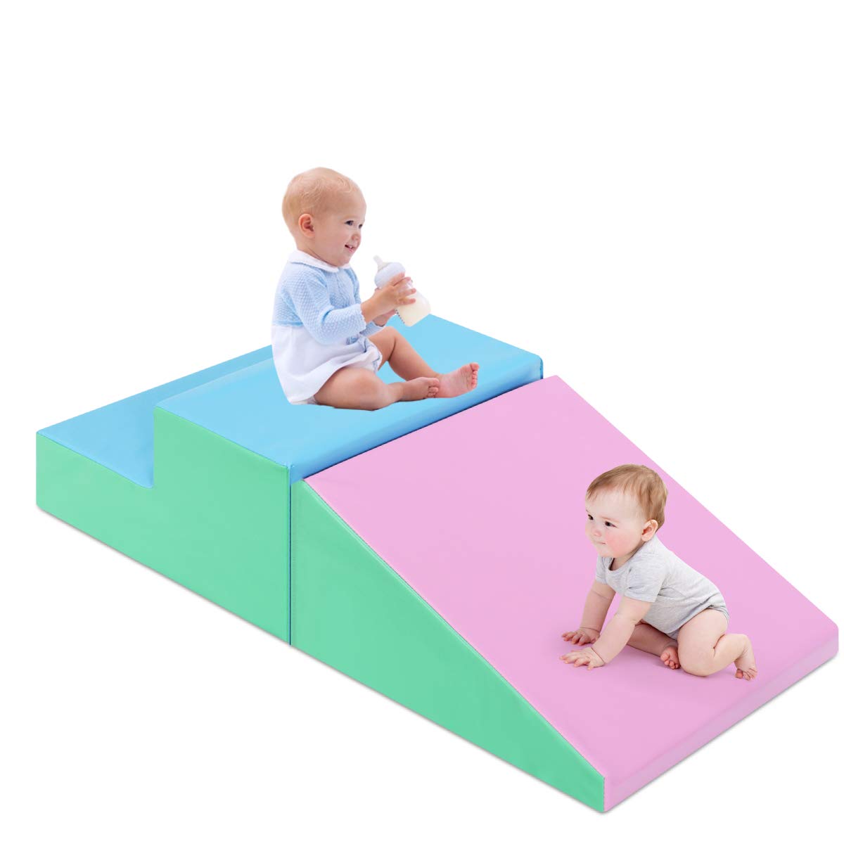 COSTWAY Toddler Climb and Crawl Foam Play Set, Children's Stairs and Ramp Software Activity Toys, Baby Soft Play Equipment for Climbing, Sliding, Crawling (Pink+Green)