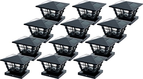 GreenLighting 12 Pack Cape Cod 5x5 Solar Powered Post Cap Light with 4x4 Base Adapter, Fits 5 inch and 4 inch PVC Posts (Black)