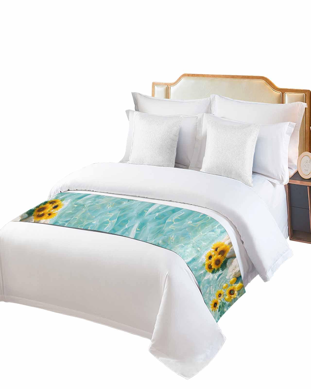 Twin Bed Runner Gradient Lake Summer Sunflower Bedding Runner Scarves Decorative Bed Scarf, Watercolor Lemon Ripple Soft Bedding Scarf for Bedroom Hotel Wedding 71x20in