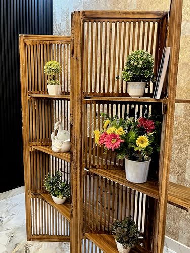 Image of Wooden Partition Divider for Living Room, Partition Wall, Privacy Divider, Freestanding Folding Panels for (6 Feet 5 Panel with 3 Shelve) (6 feet 5 Panel Natural Brown Shading)