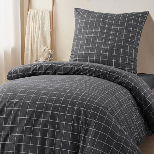 RUIKASI Bettwäsche 155x220 2 teilig Anthrazit - Bettbezug 155 x 220 Set mit Gitter Muster… – Ansicht 3