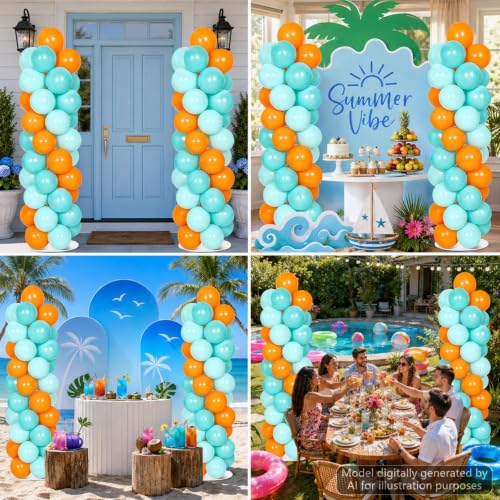 Image of 2 Sets Adjustable Balloon Column Stand Kit with Bases(Orange Teal Blue) | Reusable Stainless Steel Poles, 100 Balloons with Pump, Floor Decor, Graduation Birthday Holiday Anniversary Baby Shower