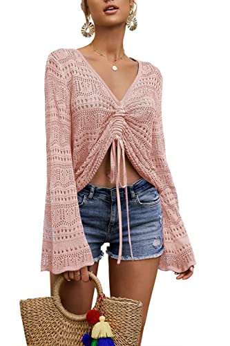 Image of Saodimallsu Womens Boho Off Shoulder Sheer Crop Tops Bell Sleeve Flowy Oversized Crochet Ruched Pullover Sweaters
