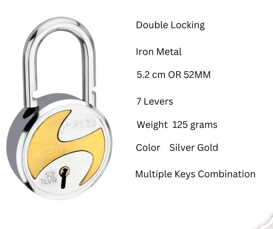 Image of Azco Round Locks Small Size 50mm 6 Keys, Steel 7 Levers Double Locking, Lock and Key for Home Door Shutter Shop Office Main Gate, Gold Silver Finish, Made in India (Pack of 1)