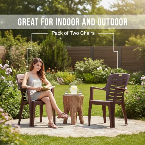 Image of Patiofy Plastic Chair for Home & Outdoor Use | Heavy Duty Comfortable Chair with Strong Legs | Stackable, Easy to Clean | Suitable for Living Room, Balcony, Patio Pack of 2 (Maxim Brown)