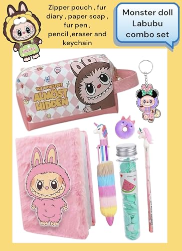 Image of TOOYEP 7 Pcs Monster doll Mystery Gift Combo Set For Girls Kids Unicorn Stationery Set Age 6-8 Years 10-12 I Diary,fur pen, pouch, Eraser, paper soap & pencil (Rainbow Monster Doll)