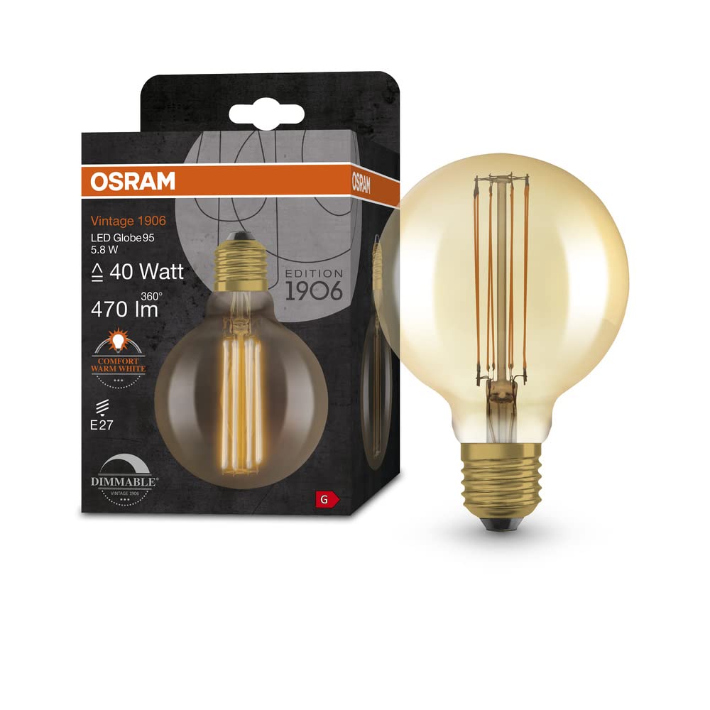 OSRAM Vintage 1906 Gold Tinted LED lamp, 5.8W, 470lm, Globe Shape with 95mm Diameter & E27 Base, Warm White Light, Straight Filament, dimmable, Life of up to 15,000 Hours
