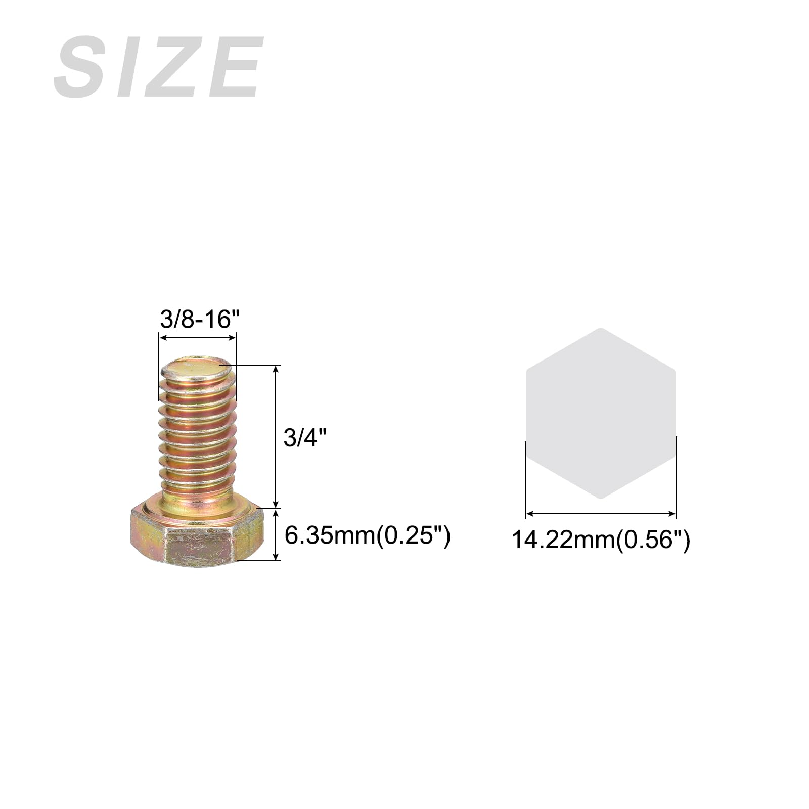 METALLIXITY Hex Bolts (3/8-16x3/4") 10Pcs, Carbon Steel Zinc Plated Fully Threaded, Coarse Thread UNC Hex Head Screw Bolt - for Furniture Repair, Yellow - Image 2