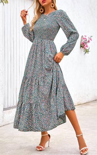 Image of PRETTYGARDEN Women's Fall Dresses 2026 Long Sleeve Flowy Casual Floral Maxi Dress Crew Neck Smocked Tiered Long Dress