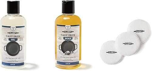 CLARK'S Jabón de hierro fundido y aceite y almohadillas de pulido mantienen todos los utensilios de cocina de hierro fundido y carbono