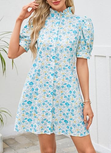 Image of Ladyful Women's Summer Floral Shift Short Sleeve Button Front Mini Dress | puff sleeve, ruffle stand neck, boho style, beach vocation, 100% cotton, loose fit, shirt sundress