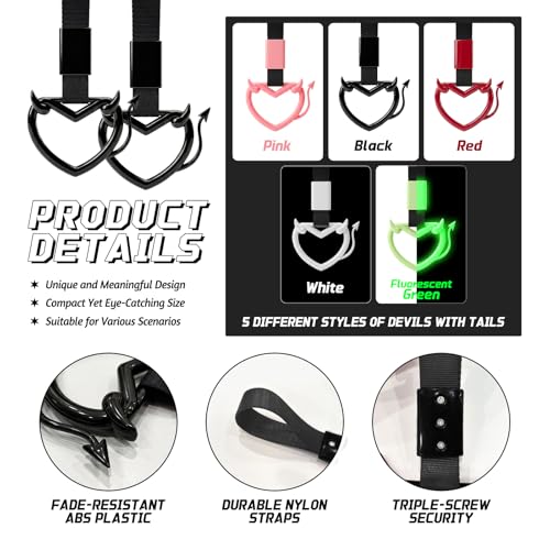 Image of 2 Pcs Devil Heart Shaped Car Handle Strap - JD M Drift Charm Rear Bumper Warning Ring Decor for Car Interior Exterior, Subway Bus Handle Accessory, Cute Heart Car Decor Gift (Black-Tail)