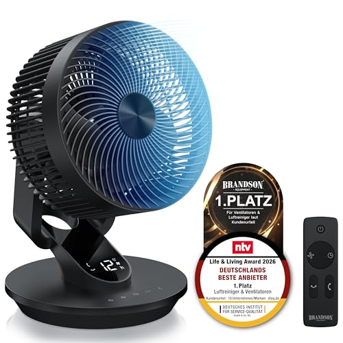 Brandson Tischventilator 3D mit Display sehr leise - Sieger Live & Living Award 2026 Fernbedienung 3D Oszillation 6 Geschwindigkeitsstufen intuitive Bedienung