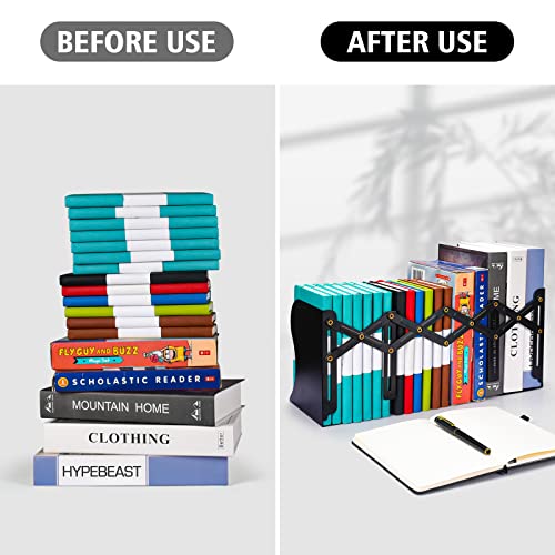 2pcs adjustable bookends metal book ends for heavy book 2 dividers nonslip book stander for desk shelf office stationery gift extends up to 19 inches black
