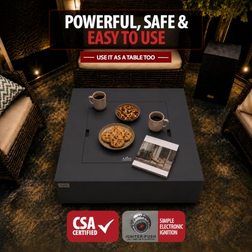 Image of AMS Creations | Brooklyn 40 inch Bundle Square Propane Gas Outdoor Fire Pit Table | Dark Gray Concrete GFRC Smooth Texture Surface Fire Pit Table