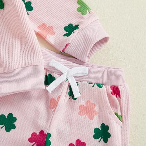 Image of Toddler Baby Boy Girl St Patricks Day Outfit Lucky Embroidery Waffle Long Sleeve Sweatshirt Pants Spring Clothes Set