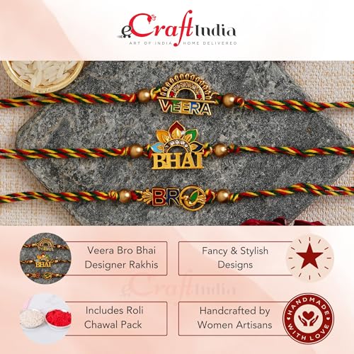 Image of eCraftIndia Set of 3 Multicolor Veera, Bro, Bhai, Brother Theme Fancy Designer Rakhis, Best Bro Ever Fridge Magnet with Roli Chawal Pack - Rakhi for Brother, Bhaiya, Bhai